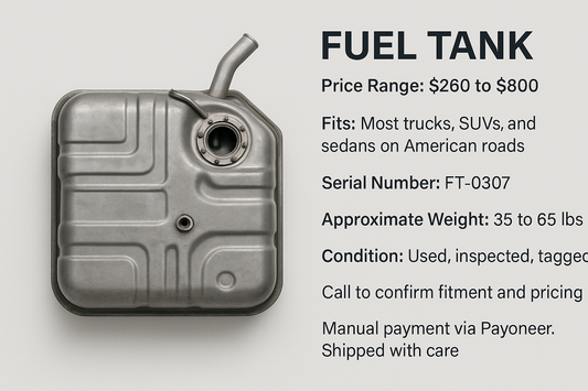 Please check the prompt properly below
FUEL TANK
Price Range: $260 to $800
Fits: Most trucks, SUVs, and sedans on American roads
Serial Number: FT-0307
Approximate Weight: 35 to 65 lbs
Condition: Used, inspected, tagged
Call to confirm fitment and pricing
Manual payment via Payoneer. Shipped with care