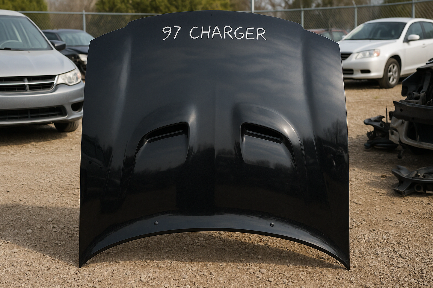 1997 Dodge Charger Black used hood in good condition in a yard