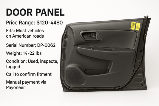DOOR PANEL

Price Range: $120 to $480

Fits: Most vehicles on American roads

Serial Number: DP-0062

Approximate Weight: 14 to 22 lbs

Condition: Used, inspected, tagged

Call to confirm fitment and pricing

Manual payment via Payoneer. Shipped with care
