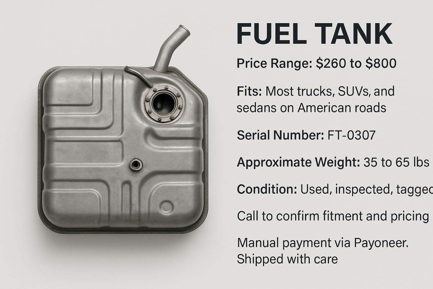 Please check the prompt properly below

FUEL TANK

Price Range: $260 to $800

Fits: Most trucks, SUVs, and sedans on American roads

Serial Number: FT-0307

Approximate Weight: 35 to 65 lbs

Condition: Used, inspected, tagged

Call to confirm fitment and pricing

Manual payment via Payoneer. Shipped with care