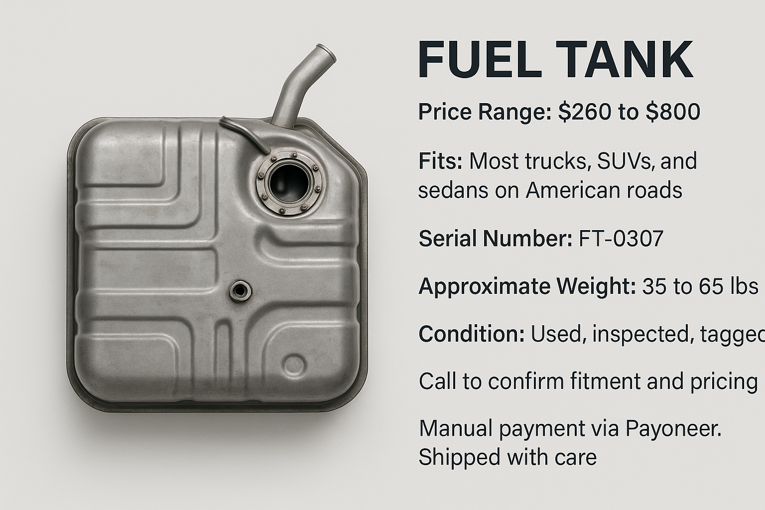 Please check the prompt properly below

FUEL TANK

Price Range: $260 to $800

Fits: Most trucks, SUVs, and sedans on American roads

Serial Number: FT-0307

Approximate Weight: 35 to 65 lbs

Condition: Used, inspected, tagged

Call to confirm fitment and pricing

Manual payment via Payoneer. Shipped with care