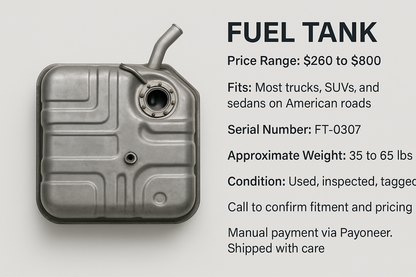 Please check the prompt properly below

FUEL TANK

Price Range: $260 to $800

Fits: Most trucks, SUVs, and sedans on American roads

Serial Number: FT-0307

Approximate Weight: 35 to 65 lbs

Condition: Used, inspected, tagged

Call to confirm fitment and pricing

Manual payment via Payoneer. Shipped with care